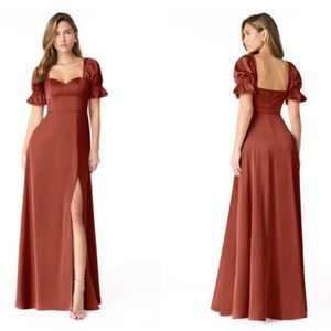 Azazie Rust Maxi Dress with Puff Sleeves and High Slit
